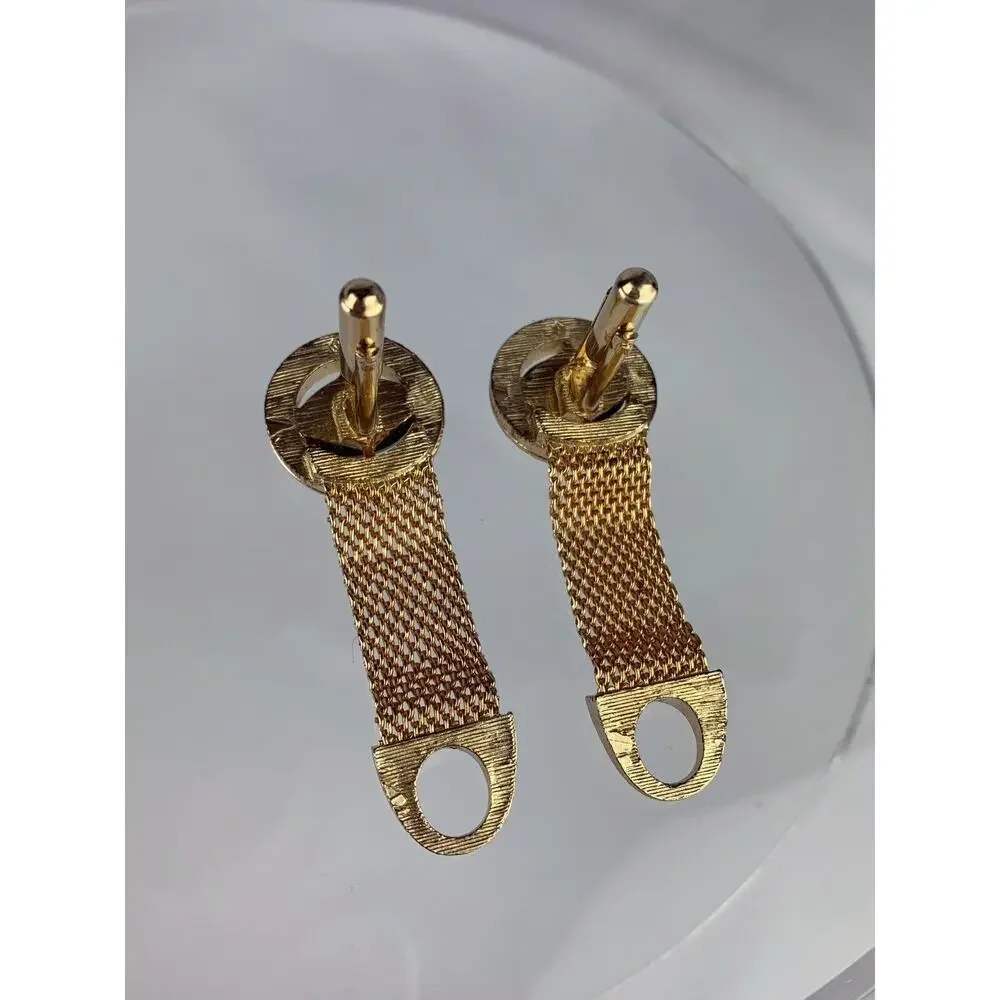 Green Jade Mesh Wrap Gold Tone Cufflinks Quilted Diamond Plate Round Vintage N1